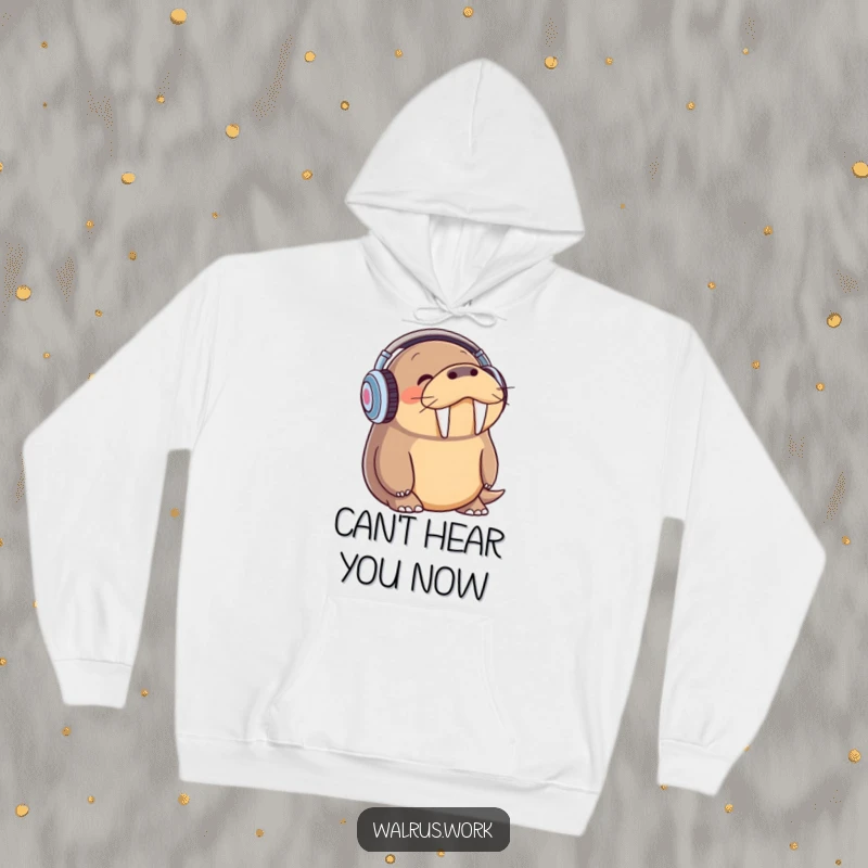 Funny walrus wearing headphones, bopping to music, cozy hoodie design for ultimate comfort and style.