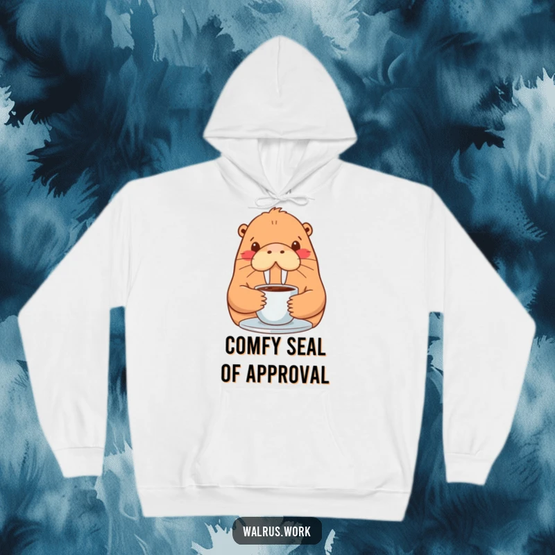 Funny walrus hoodie showing a happy walrus enjoying a hot cup of coffee with a perfectly contented smile.