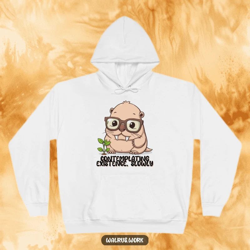 Funny walrus hoodie, a wise-looking creature in large glasses, intensely observing a minuscule green sprout, embodying academic focus.