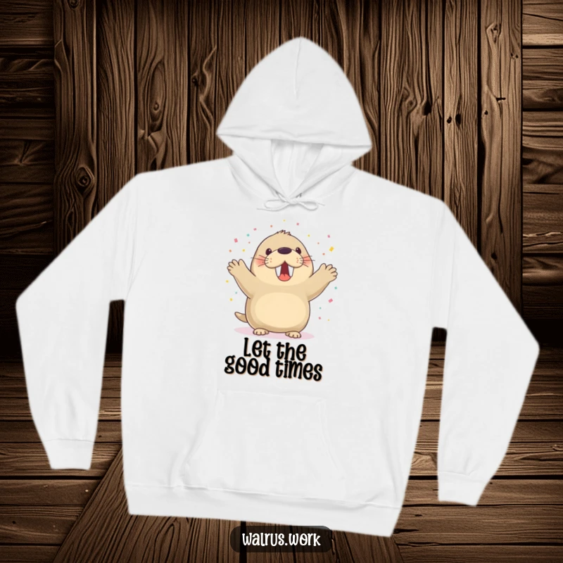 Funny walrus hoodie with a walrus cheering and confetti falling, great for festive comfort.