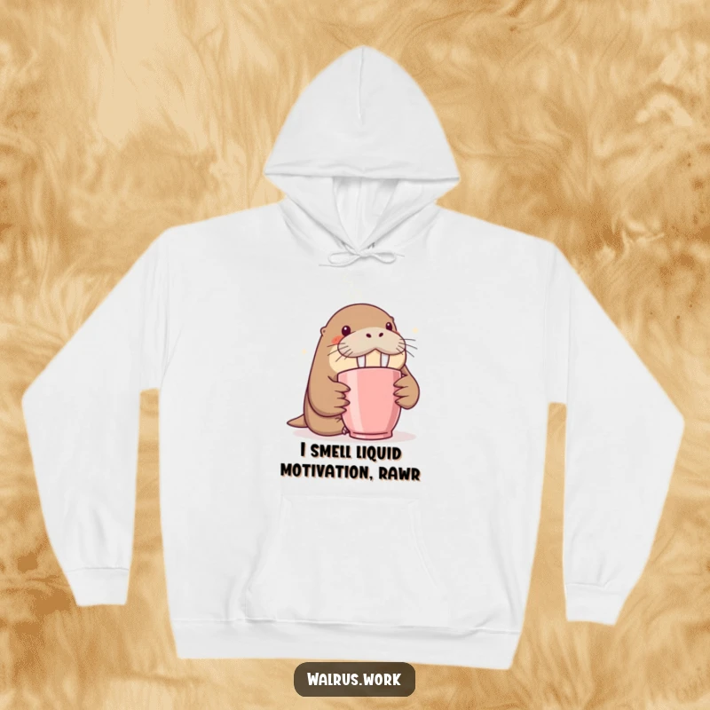Funny hoodie showcasing a walrus curiously sniffing steam from a coffee mug, a cozy and humorous apparel item.