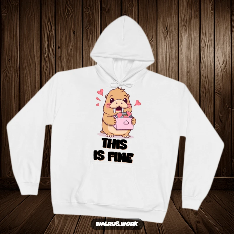 Funny hoodie featuring a walrus looking surprised while holding a ridiculously overflowing inbox of papers.