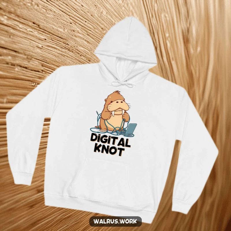 Funny walrus hoodie showing a determined walrus character comically battling a huge knot of computer cables, embodying tech frustration.