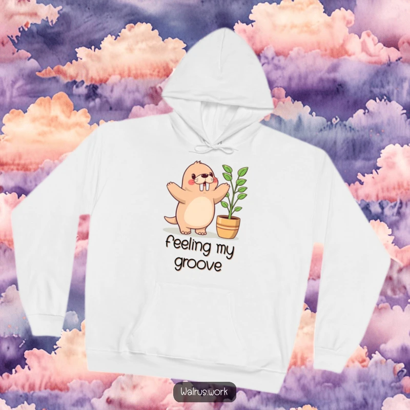 Funny hoodie showing a cute Kawaii walrus doing a happy dance next to a potted plant, perfect for spreading cheer.