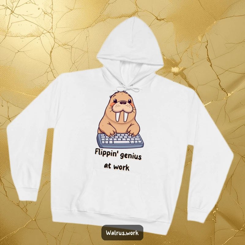 Funny walrus hoodie featuring a walrus enthusiastically typing on a keyboard using its flippers, capturing office chaos humorously.
