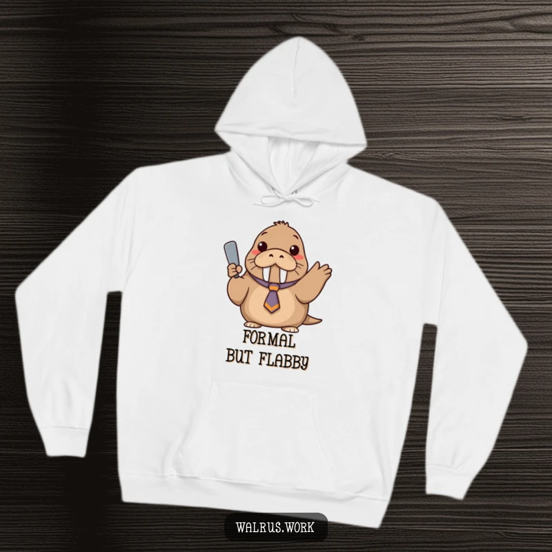 Funny hoodie featuring a walrus wearing a tiny, askew tie, confidently gesturing with a flipper.