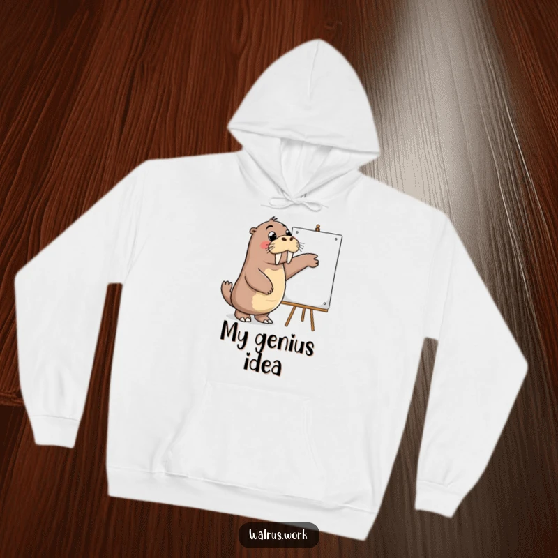 Funny hoodie with an enthusiastic walrus pointing at a whiteboard, symbolizing creativity and comfortable presentation for any occasion.