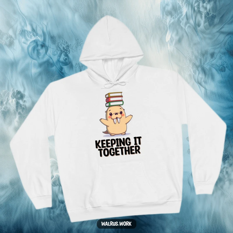 Funny hoodie showing a cute Kawaii walrus with a precarious stack of files balanced on its head, relatable for busy people.