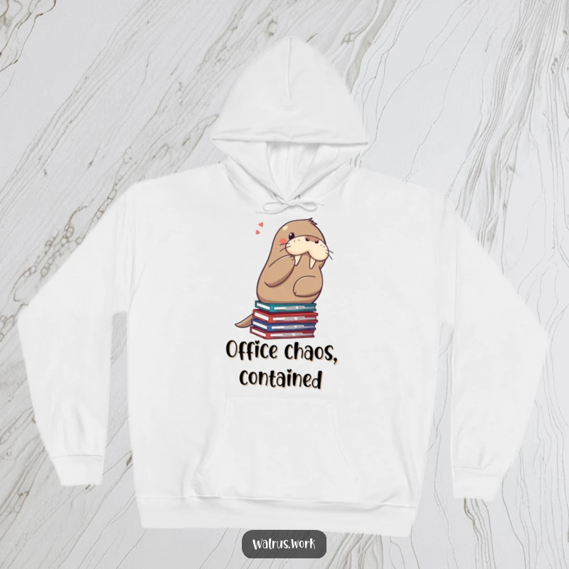 Funny shushing walrus hoodie, a walrus balancing precariously on files, gesturing for silence with a paw, perfect for cozy contemplation.