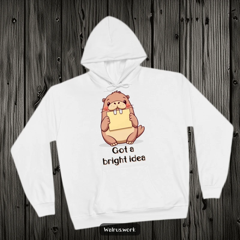 Funny walrus brainstorm hoodie, a walrus enthusiastically holding a sticky note, perfect for cozy idea generation.