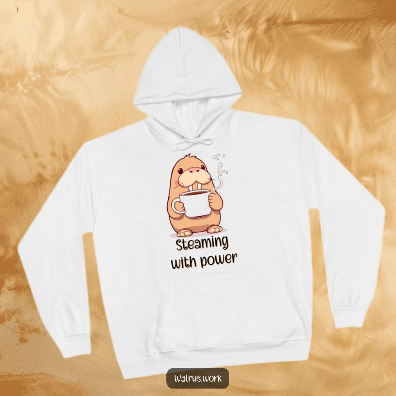 Funny walrus hoodie showing a walrus happily holding a steaming coffee mug, perfect for warm and humorous lounging.