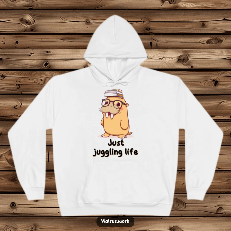 Funny hoodie with a smiling walrus wearing glasses, balancing a massive stack of papers on its nose, ready for a cozy, humorous day.