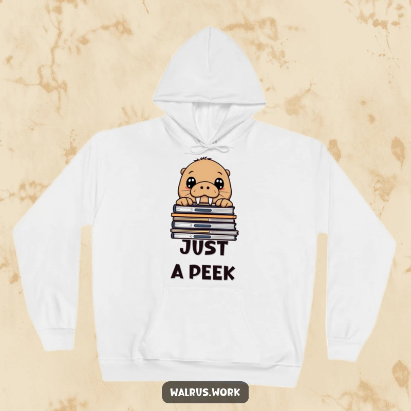 Funny walrus hoodie showing a curious sea mammal peeking over office files, offering warmth and a touch of playful observation.