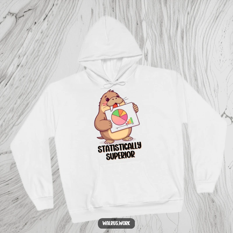 Funny walrus hoodie featuring a walrus confidently presenting a pie chart, ideal for humorous business attire.
