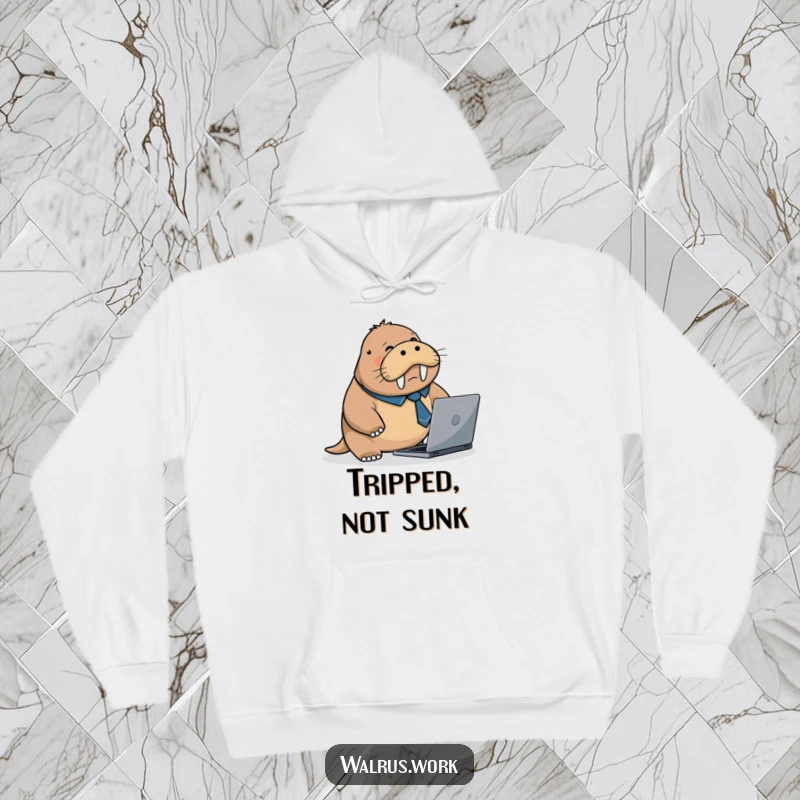 Funny hoodie featuring a flustered walrus in a tiny tie, tripping over a laptop, providing cozy comfort and humorous relatability.