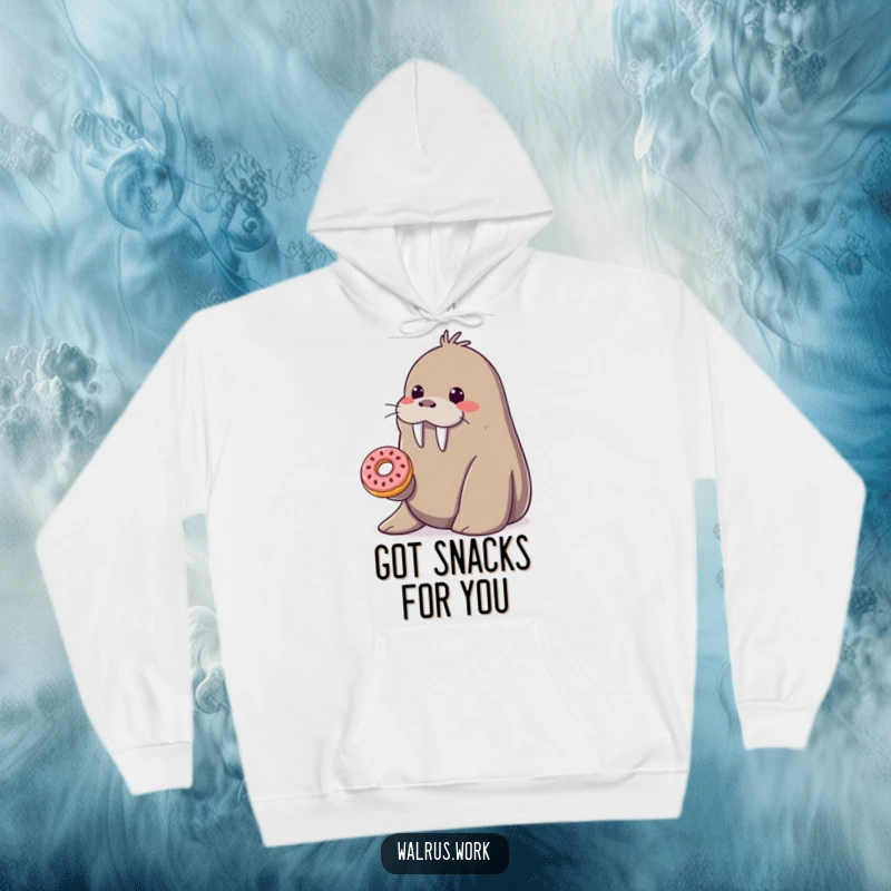 Funny smiling walrus hoodie offering a tiny donut from its flipper, a cozy and kind funny gift.