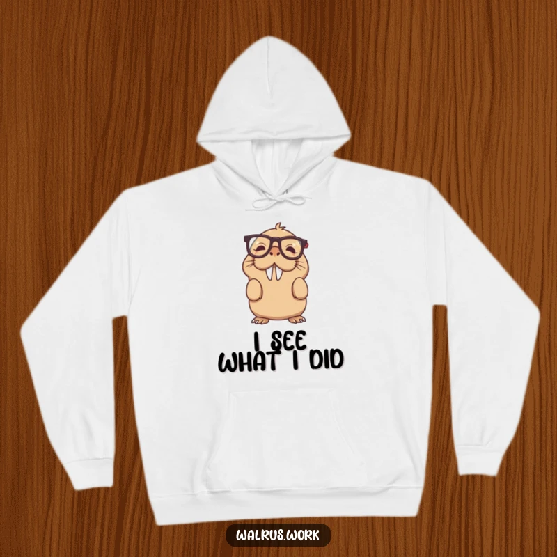 Funny upside down glasses walrus hoodie featuring a bewildered sea creature with misplaced eyewear, a cozy funny gift.