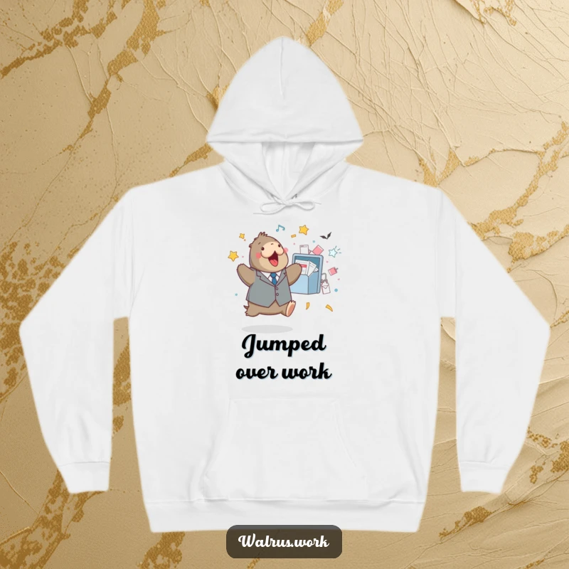 Funny hoodie showcasing a walrus dressed in a tiny suit, performing a celebratory jump next to a very full inbox.