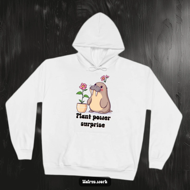 Funny walrus hoodie with a walrus surprised by a blooming desk plant, great for cozy surprises.