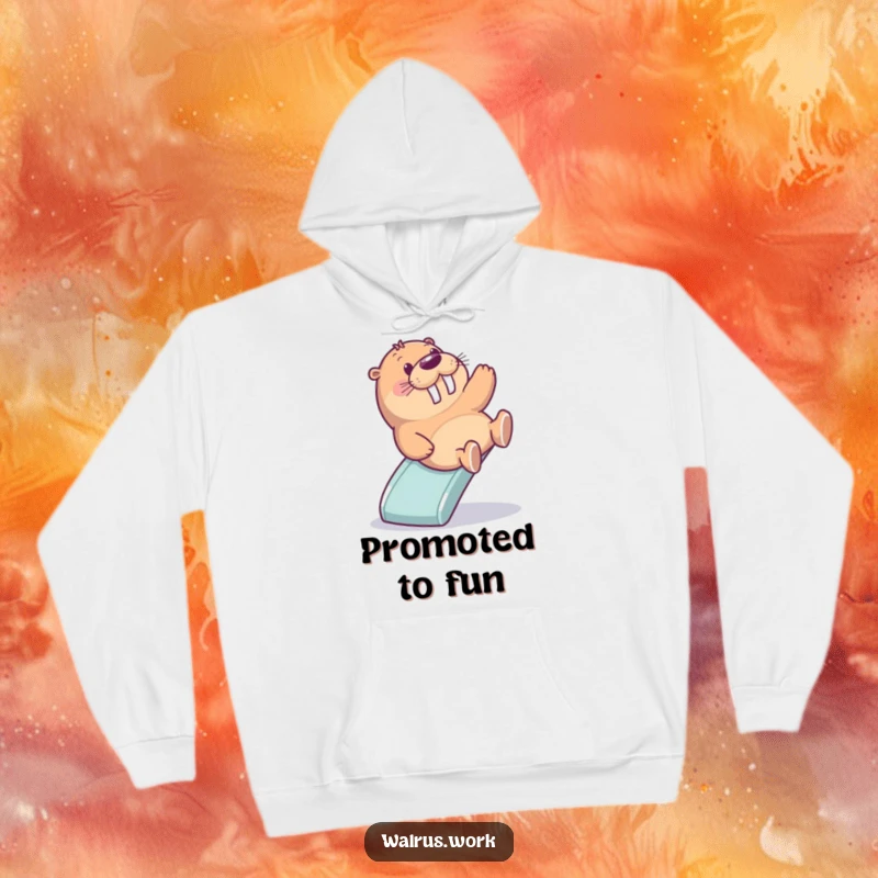 Funny hoodie featuring a delighted walrus sliding down a miniature office slide, perfect for staying warm and embracing playful moments.