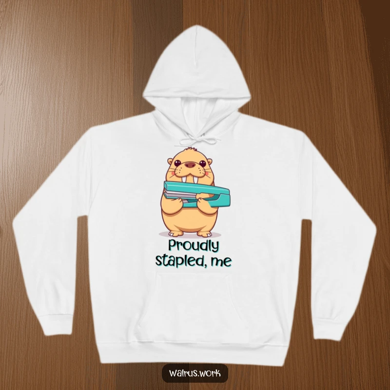 Funny walrus hoodie featuring a proud walrus balancing a stapler on its nose, perfect for comfortable displays of accomplishment.