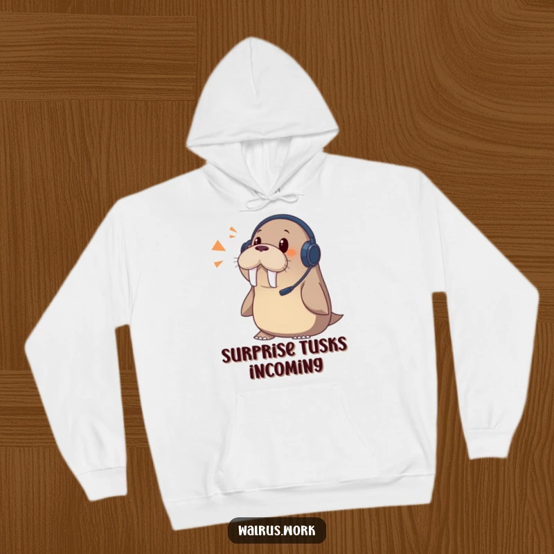 Funny walrus hoodie featuring a startled walrus with a headset, taken aback by a phone ringing.