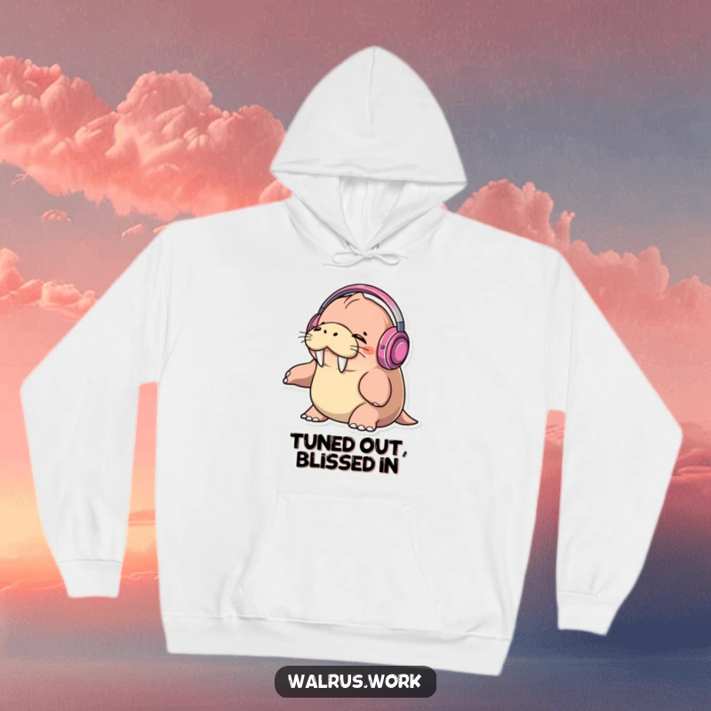 Funny walrus wearing headphones, eyes closed, bopping head to music on a cozy hoodie, ultimate chill music vibe.