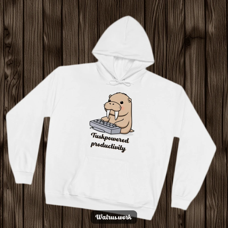 Funny hoodie depicting a cheerful walrus using its impressive tusks to tap away on a computer keyboard.