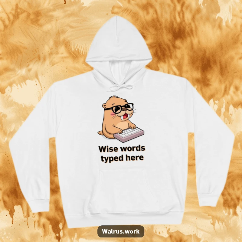 Funny walrus, wearing glasses, joyfully typing on miniature keyboard, office humor, cozy animal apparel, productive hoodie.