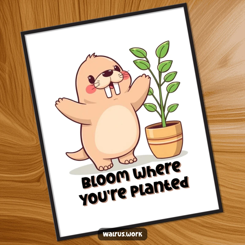Funny Free Printable Wall Art: A kawaii walrus does a happy little dance next to a potted plant, radiating joy.