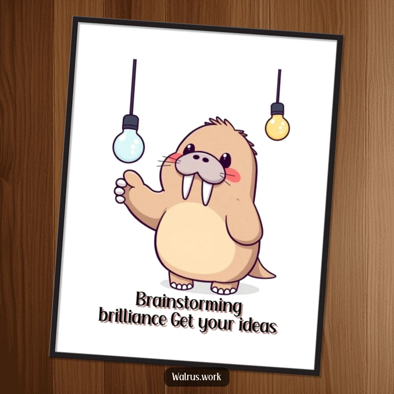 Funny Free Printable Wall Art: A kawaii walrus excitedly points at a dangling lightbulb, representing inspiration and wit.