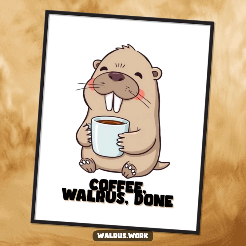 Funny Free Printable Walrus Coffee Wall Art: A contented walrus sips hot coffee with a big smile, radiating warmth. Downloadable art.