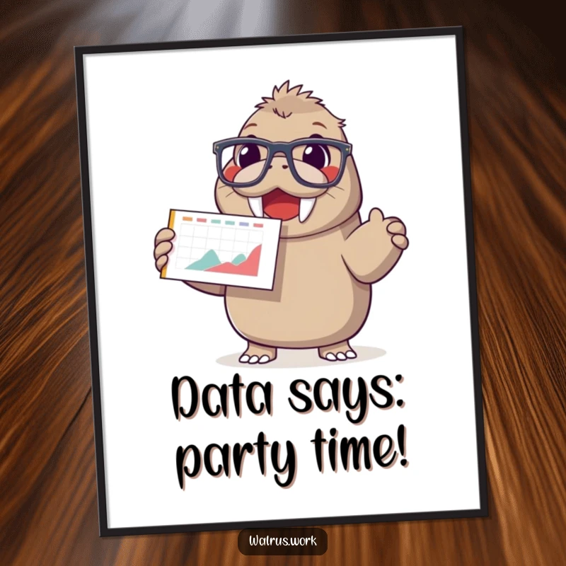 Funny Free Printable Wall Art: A happy walrus in oversized glasses enthusiastically presenting a chart showing a smiling face.