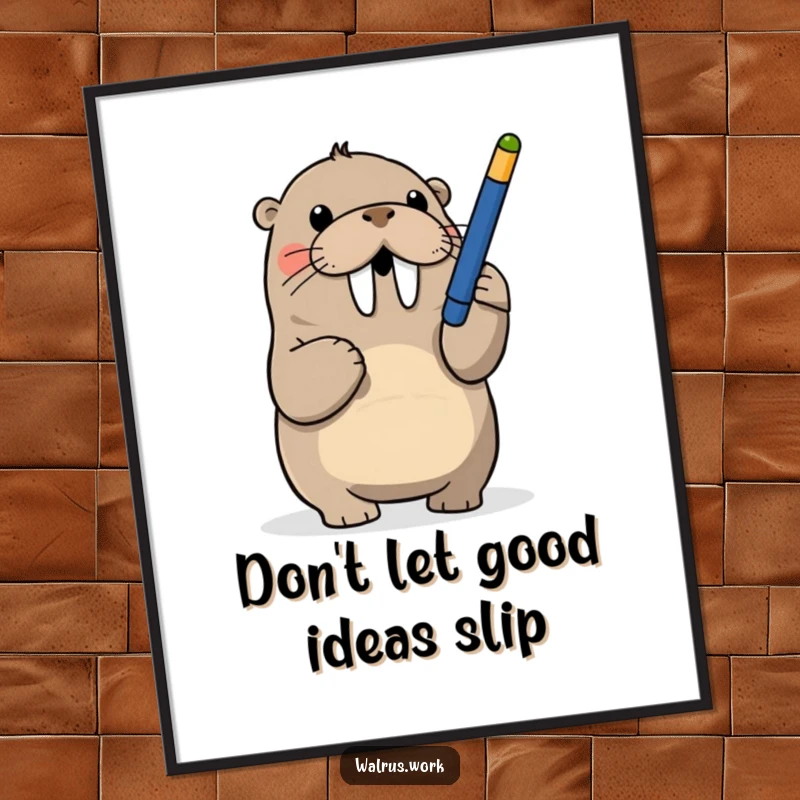 Funny free printable wall art: a walrus playfully batting at a dangling pen, capturing a moment of curious, lighthearted fun.