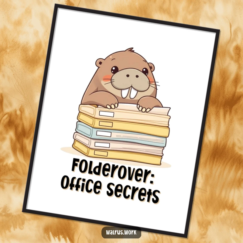 Funny Free Printable Wall Art: Walrus peeking over a massive stack of office folders with an inquisitive expression.