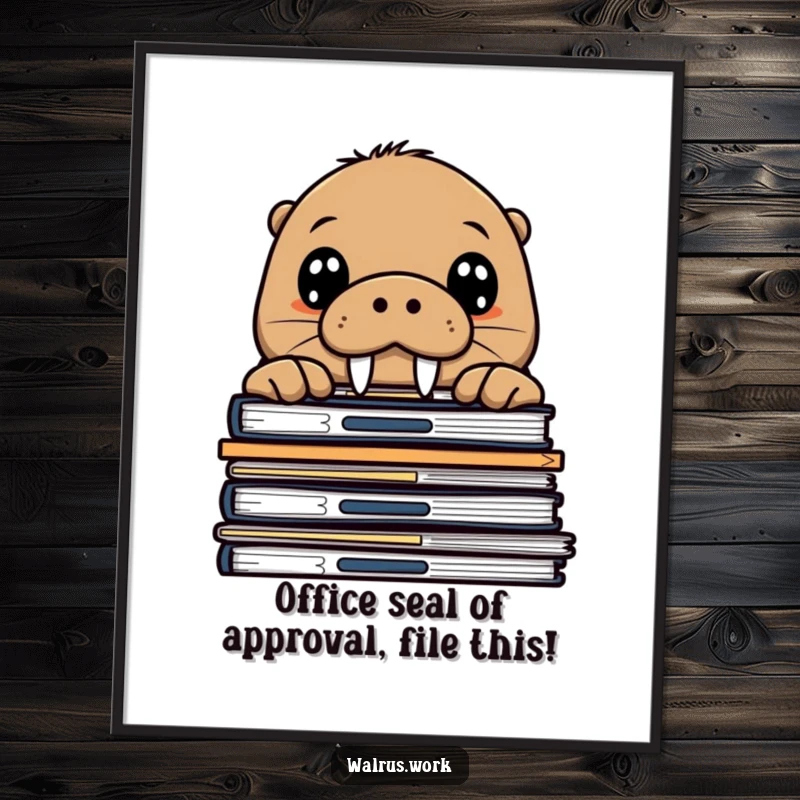 Funny Free Printable Wall Art: Curious walrus with big eyes peeking over office files, adding humorous charm.