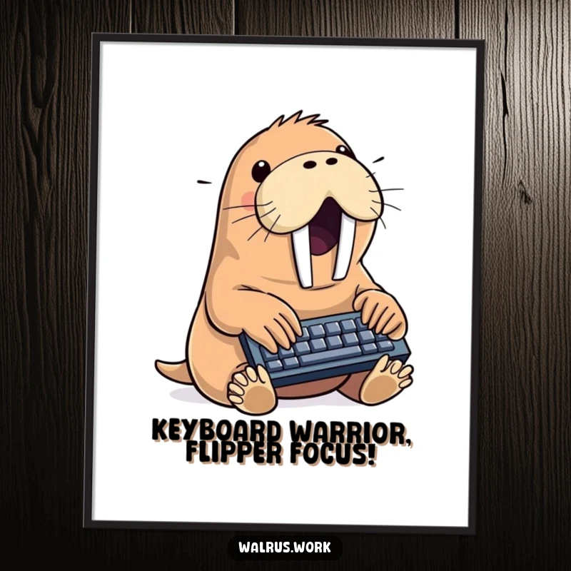 Funny Free Printable Wall Art: Energetic walrus typing rapidly on a miniature keyboard, perfect for office humor.