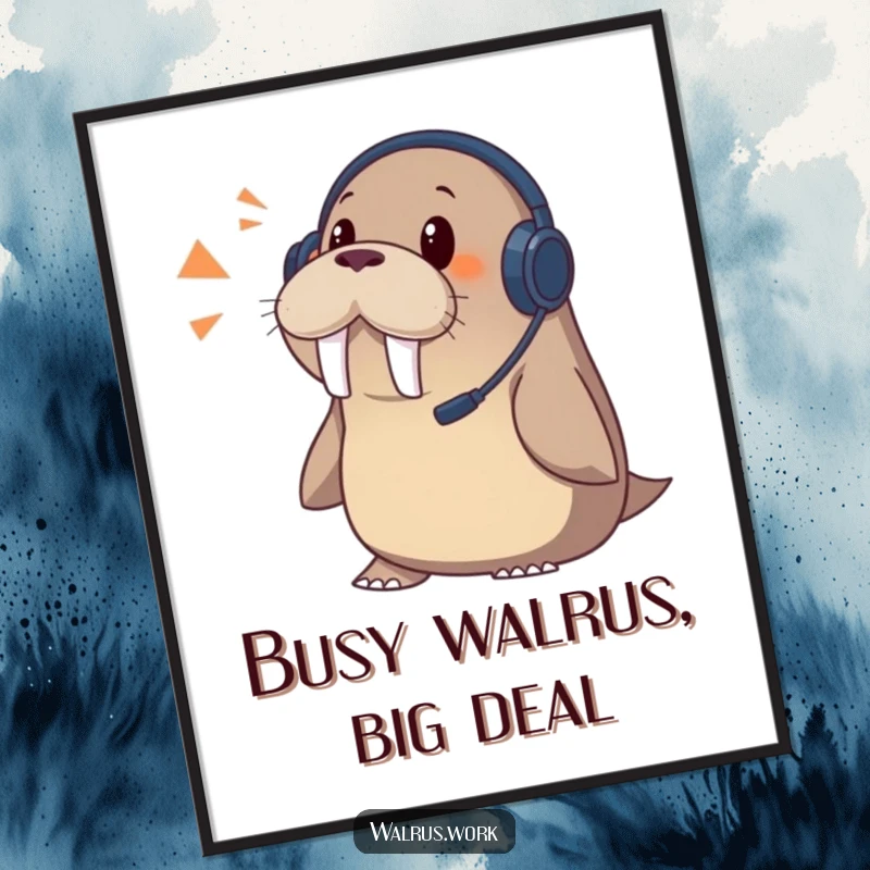Funny Free Printable Wall Art: Walrus in a headset, comically startled by an incoming phone call.
