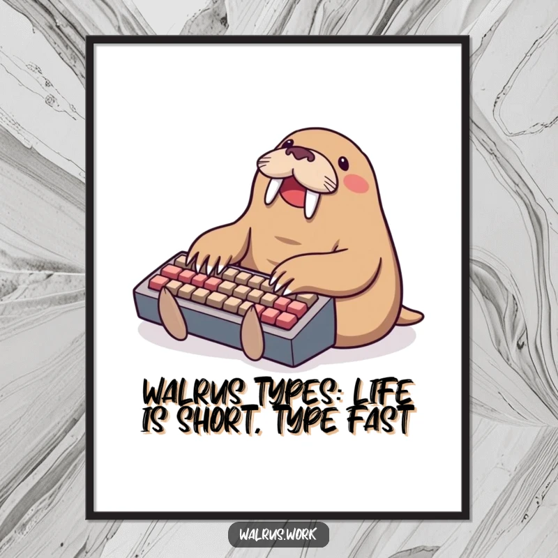 Funny Free Printable Wall Art: Walrus gleefully typing on a comically small keyboard, quirky downloadable desk decor.