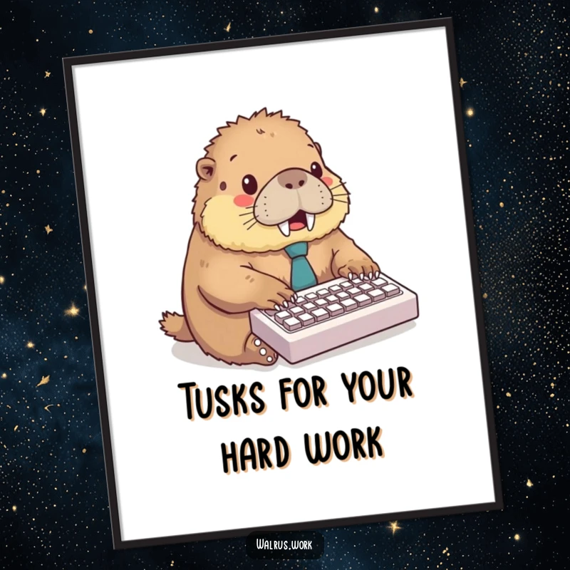 Funny free printable wall art of a fluffy walrus in a tie, excitedly typing away on a miniature keyboard.