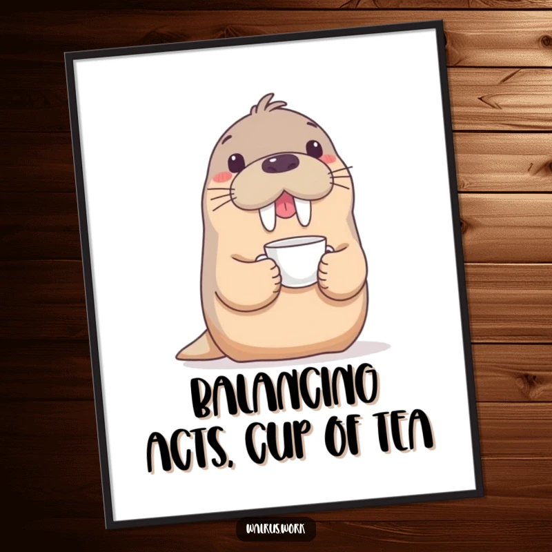 Funny Free Printable Walrus Wall Art: A playful walrus delicately balances a tiny teacup on the tip of its snout.