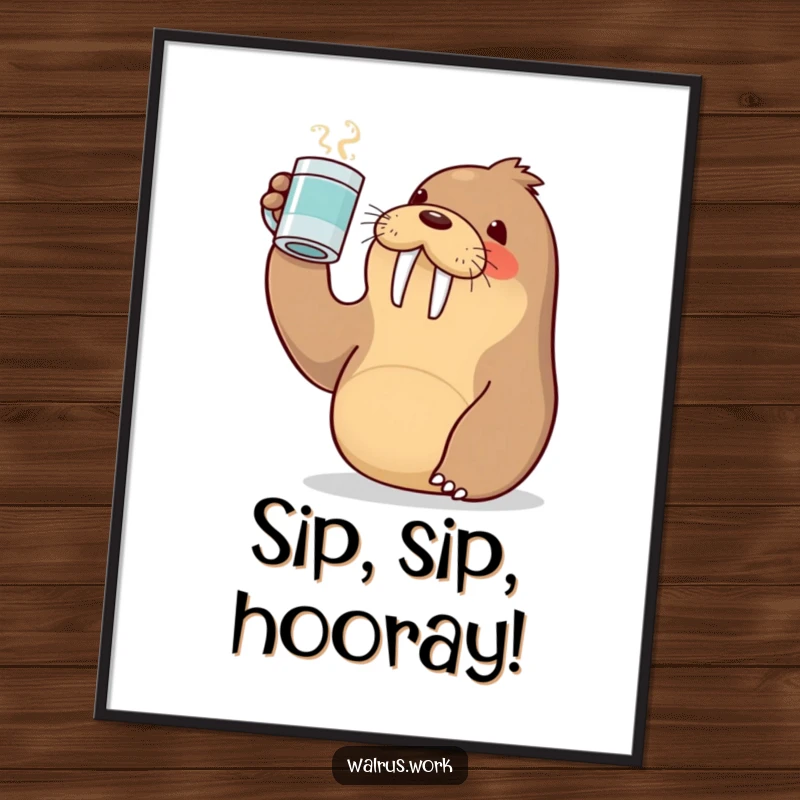 Funny Free Printable Wall Art: A kawaii walrus enthusiastically raises a coffee mug in a festive toast, spreading cheer.