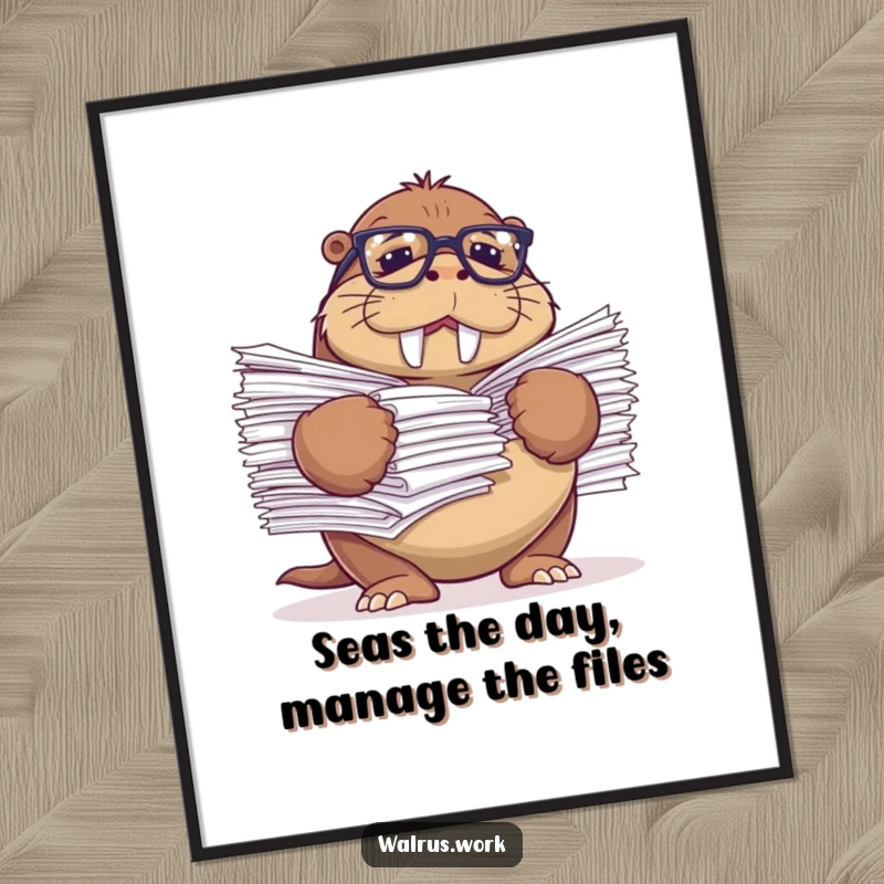 Funny Free Printable Wall Art: A walrus comically struggles with an overwhelming stack of papers, relatable humor.
