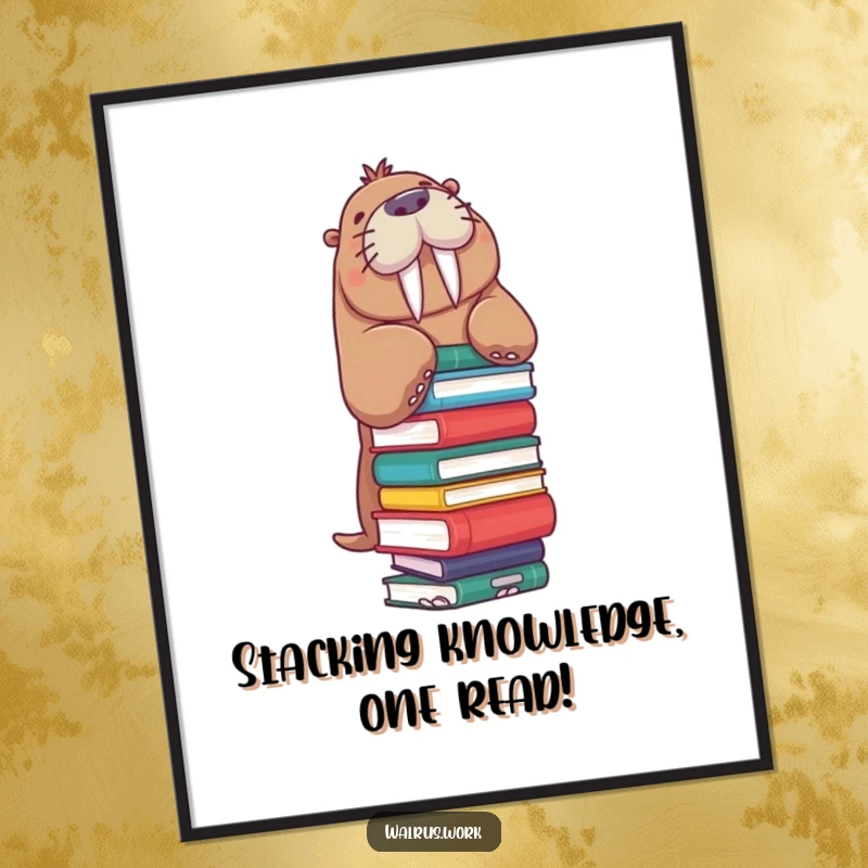 Funny Free Printable Wall Art: A walrus humorously balances a tall stack of books, representing knowledge and wit.