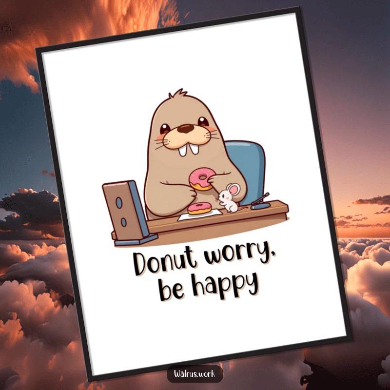 Free Printable Wall Art: A beaming walrus and a tiny mouse share a donut amicably at a desk, creating a heartwarming scene.
