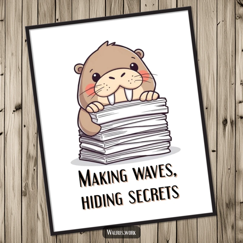 Funny Free Printable Wall Art: A walrus peeking out from behind excessive paperwork, office humor, downloadable art piece.