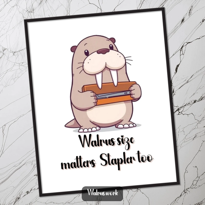 Free Printable Wall Art: A walrus comically tries to operate a stapler that is far too large for its flippers, highlighting office struggles.