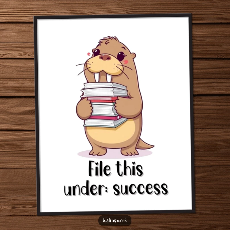 Funny Free Printable Wall Art: A walrus comically balancing a huge stack of papers, looking stressed.