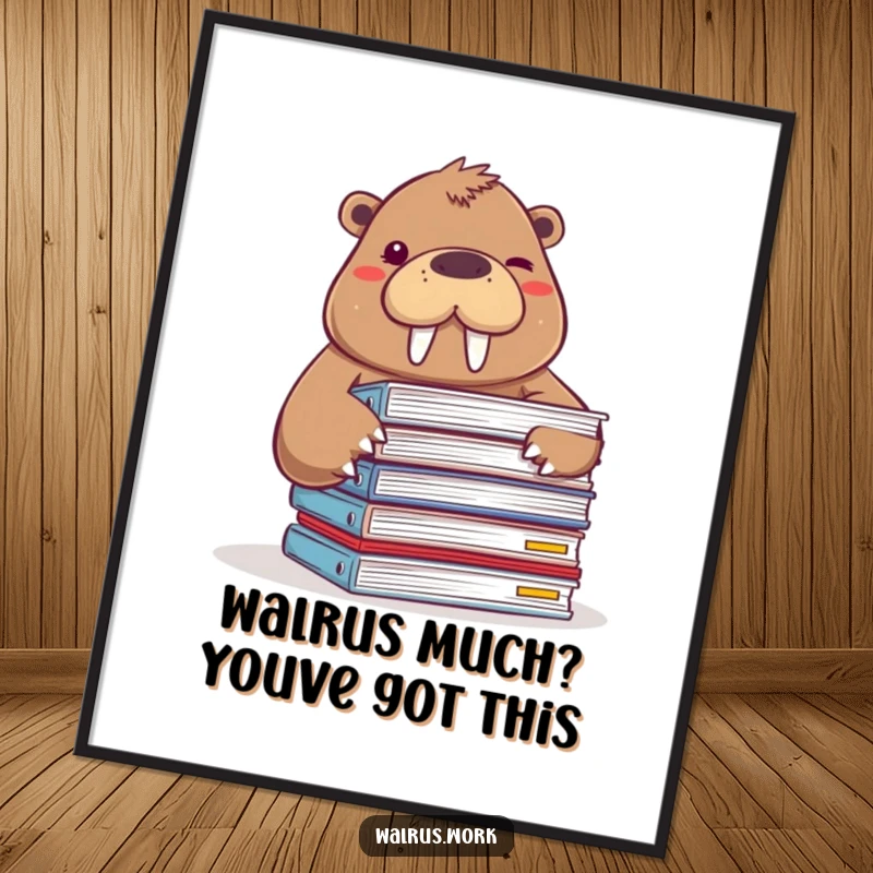 Funny Free Printable Wall Art: A winking walrus peeks from a huge stack of files, adding a humorous touch to any space.