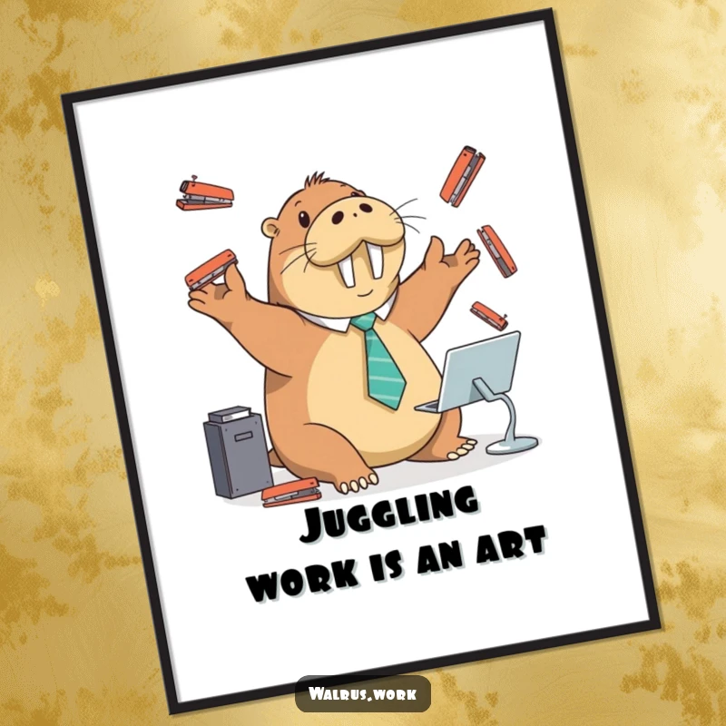 Funny Free Printable Wall Art: Walrus in Tiny Tie Playfully Juggling Staplers at a Desk, Humorous Office Decor